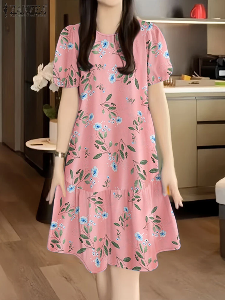 Sukienki damskie do kolan z kwiatowym wzorem na lato 2025, codzienne, z okrągłym dekoltem, krótkim bufiastym rękawem, falbanką na dole, ZANZEA, na co dzień, rozmiar 3XL