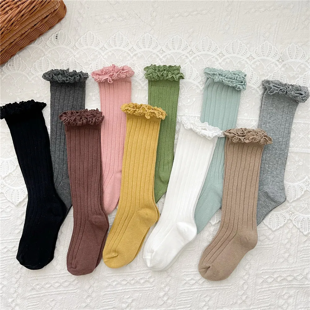 Ruffle Girls Knee High Socks Baby Kids Toddlers Long Soft Cotton Sock Lace Flower Children School Uniform Socks For 0-8Years