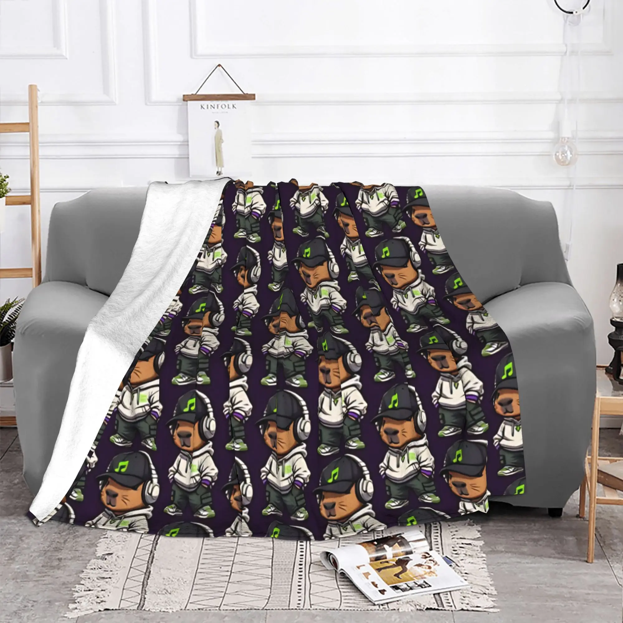 1PC Home Cutecore Cute Capybara Hip Hop Music Vibes Capybara Blanket Super Cosy Plush Home Living Room Sofa Halloween