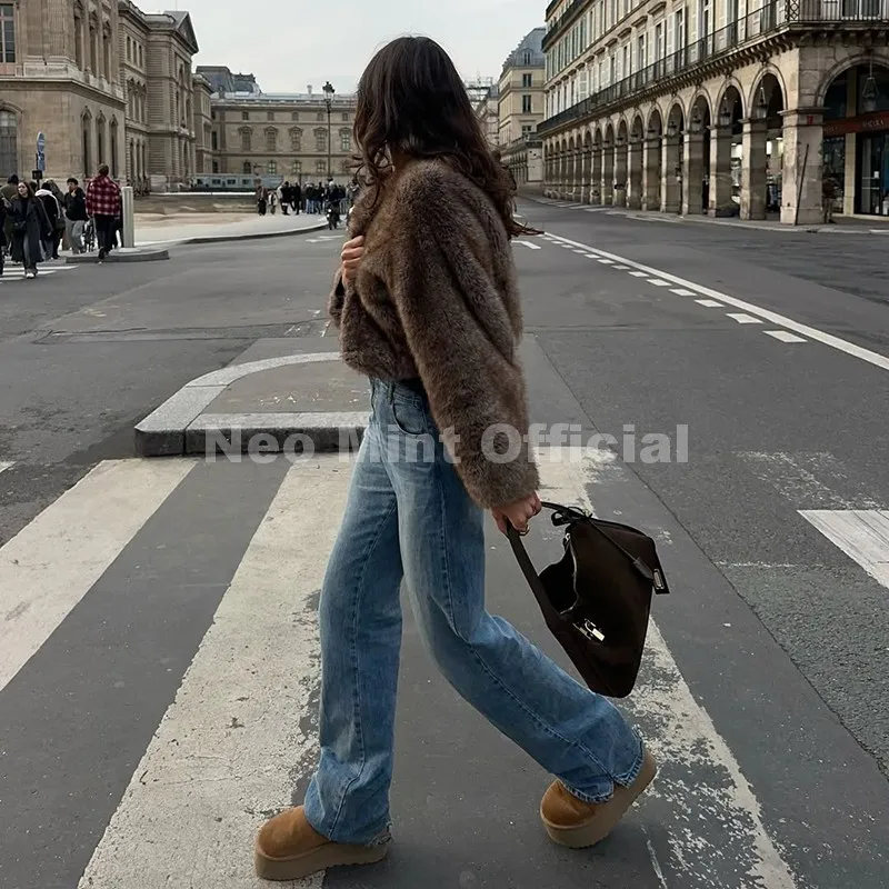 Neo Mint Iconic Brand Fashion Cropped Faux Fur Coat Women 2025 Autumn Short Eco Fox Fur Jacket Chic Street Girls Fluffy Overcoat