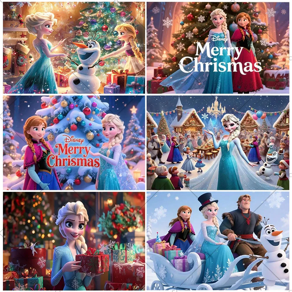 

Disney Frozen Elsa Anna Princess Theme Merry Christmas Party Background Winter Ice Castle Baby Shower Photography Backdrop Decor