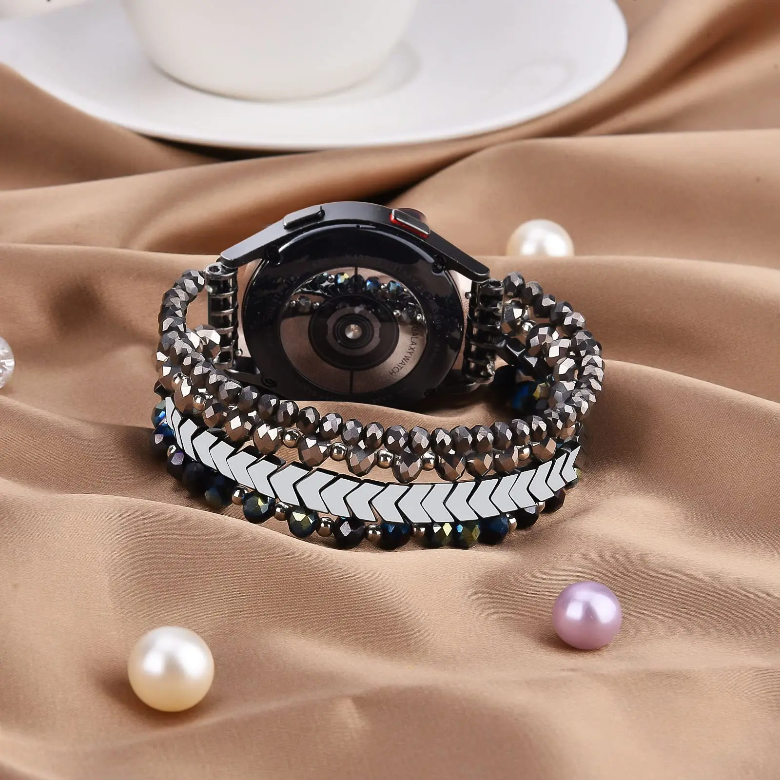 Für Samsung Galaxy Watch 6/5/4 40/44 mm Bänder/Active 2 Watch 4 42/46 mm Band Damen, 20 mm handgefertigte modische elastische Kristallperlen – Detail 6