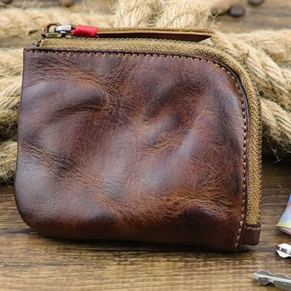 Skórzana portmonetka Vintage Ręcznie robiony portfel na zamek błyskawiczny Torba na karty Wielokolorowe etui na karty dla kobiet i mężczyzn