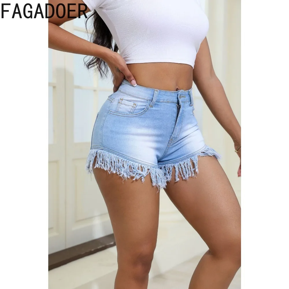 Fagadoer Blauwe Zomer Nieuwe Denim Kwastjes Shorts Vrouwen Hoge Taille Knoop Slank Broekje Casual Dames Zak Cowboy Kleding 2024