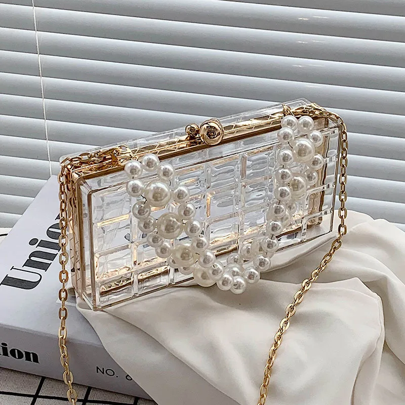 Acrylic Transparent Box Shape Crossbody Bag Elegant Pearl Bead Chain Design Shoulder Bag Pvc Women\'s Designer Small Square Bag