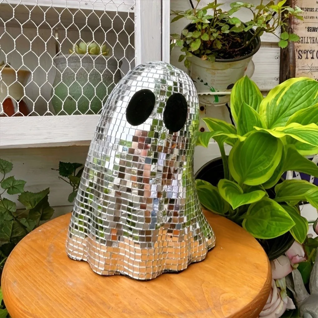Halloween Disco Ghost Ornament Silver Mosaic Mirror Disco Ghost Tabletop Decor Glitter Spooky Ghost Halloween Tiered Tray Decor