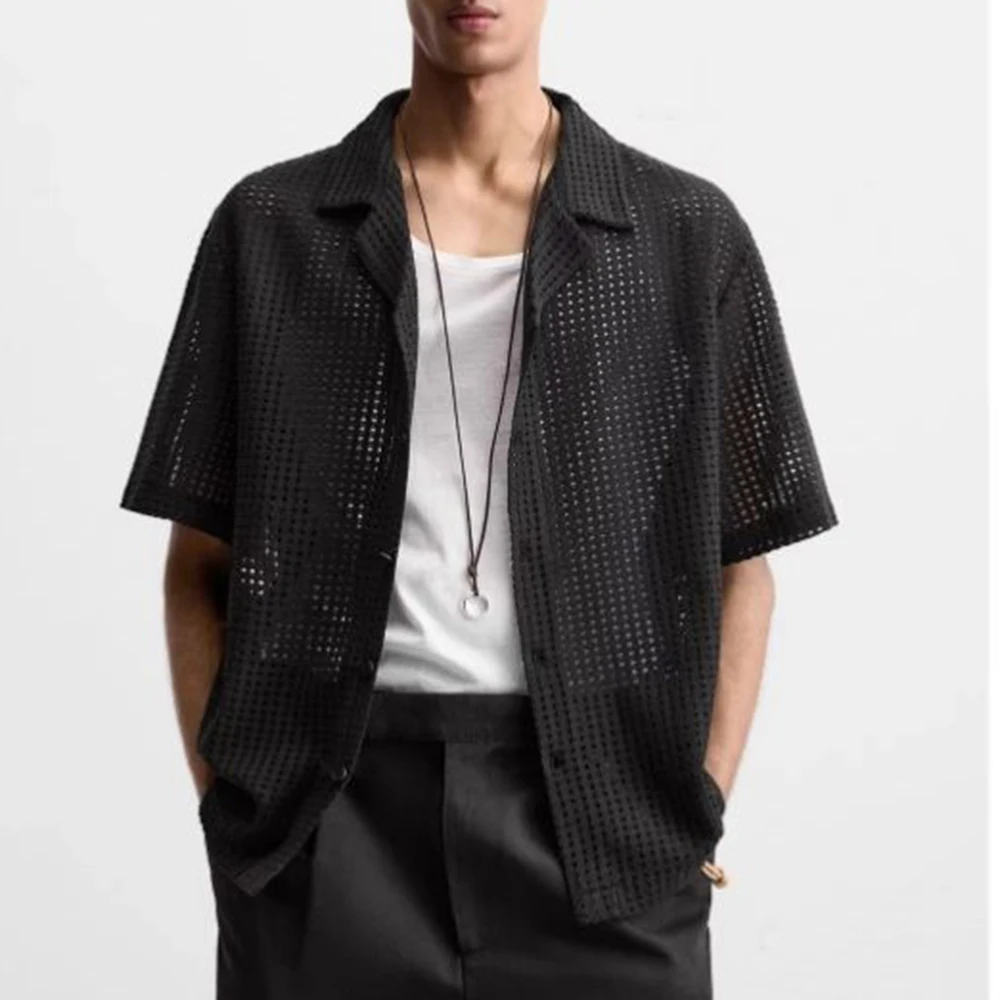 

Summer New Men's Solid Color Hollow Short-Sleeved Shirt American Retro Fashion Trend Casual Simple Loose Breathable Men's Tops
