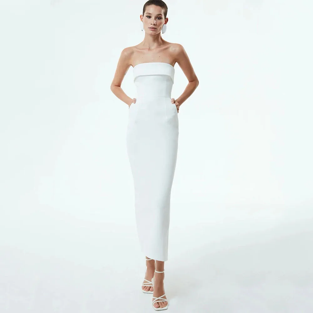 

Customized Simple Wedding Dress Column Strapless Tea Length Column Wedding Gown for Bride Sleeveless Pockets Midi Bridal Dresses