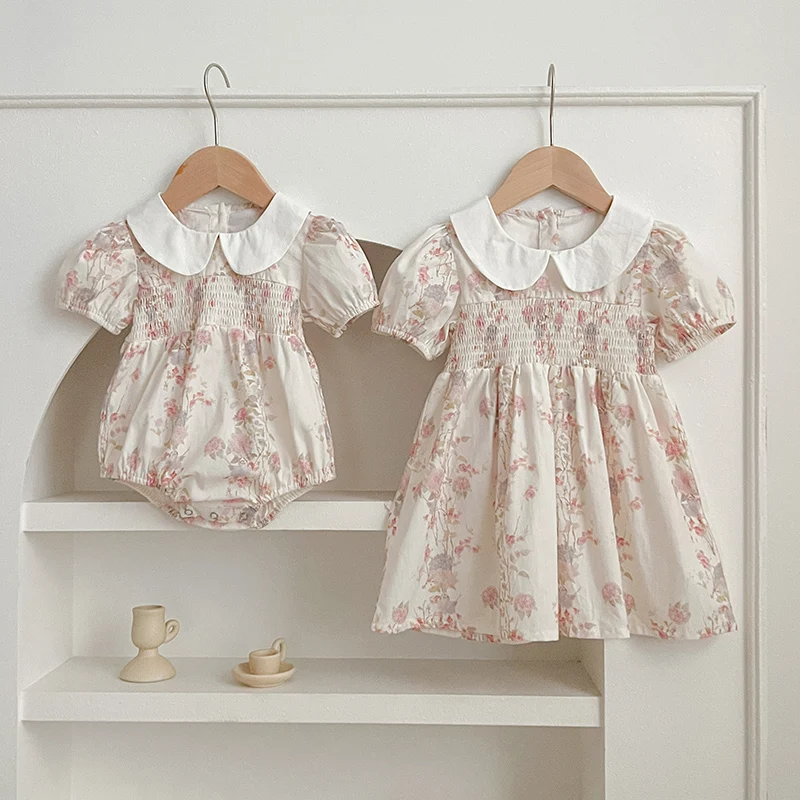 

Summer Baby Girls Clothes Doll Collar Flower Print Kids Girl Dress Short Sleeve Baby Romper Family Matching Sister Outfit