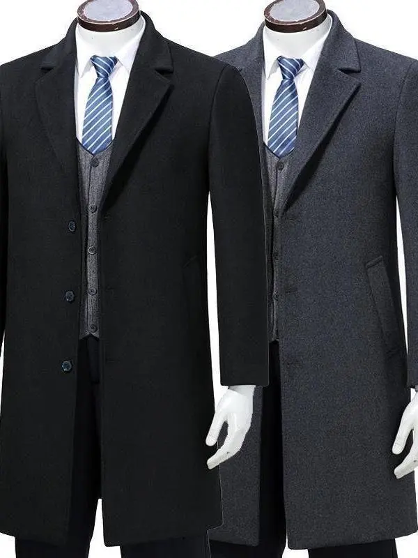 

Утепленное длинное мужское пальто-ветровка до колен, осенне-зимнее, для мужчин среднего возраста, с воротником-стойкой, шерстяное, в стиле папиного пальто, верхняя одежда