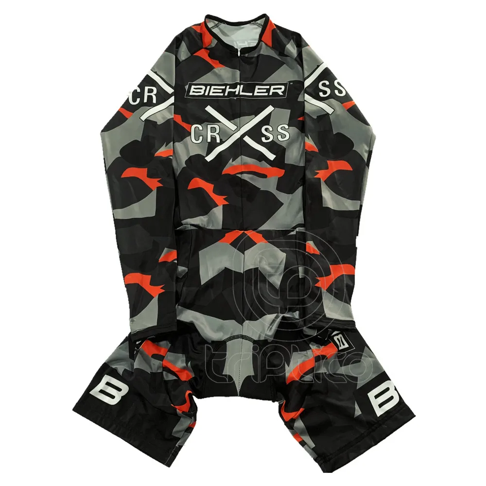 Biehler Triathlon Cycling Skinsuit Men Aero One Piece Bike Tight Suit Long Sleeve MTB Race Speedsuit Pro Road Bicycle Jumpsuit