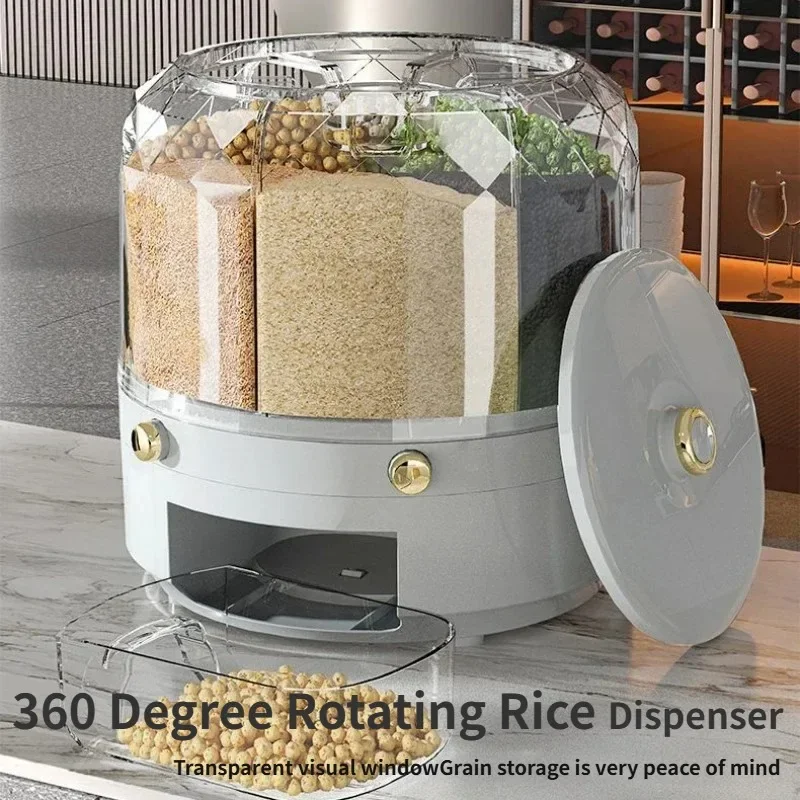 

360 Degree Rotating Rice Dispenser 6 Grids Sealed Cereal Grain Containers Moistureproof Insectproof Kitchen Food Storage Boxes