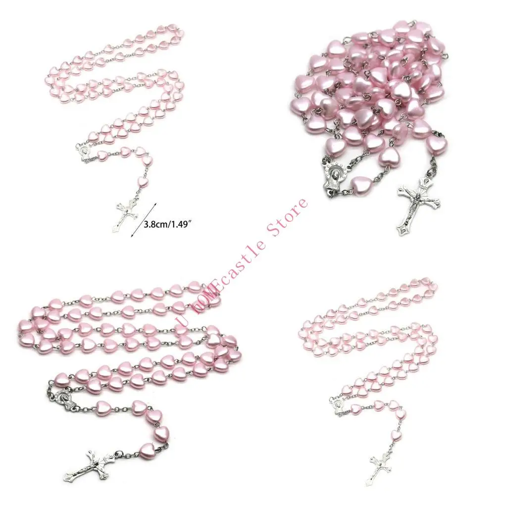 63HF Catholic Heart Rosary Necklaces Mary Blessing Rosary Prayer Necklaces Gift