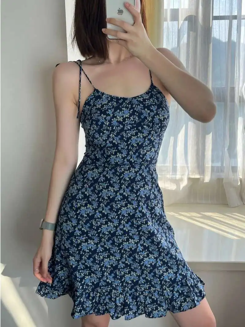 Stijl Sexy Franse Taille Cinching Blauwe Bloemen Sling Vierkante Hals Jurk 2024 Zomer Nieuwe Retro Literatuur Kunst Mini Jurk JDTM