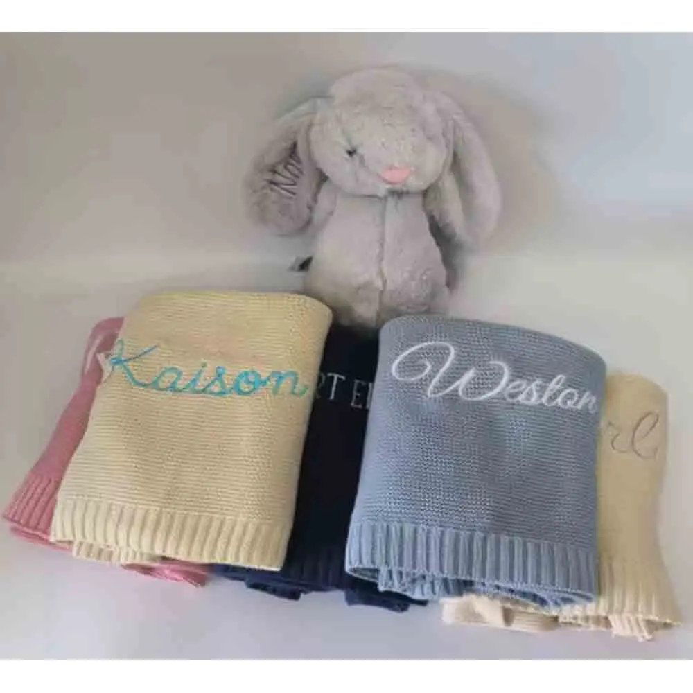 Personalized Knit Baby Blanket, Embroidery Gift for Baby Shower, Soft 100%Cotton Stroller Blanket, Monogrammed Newborn Baby Gift