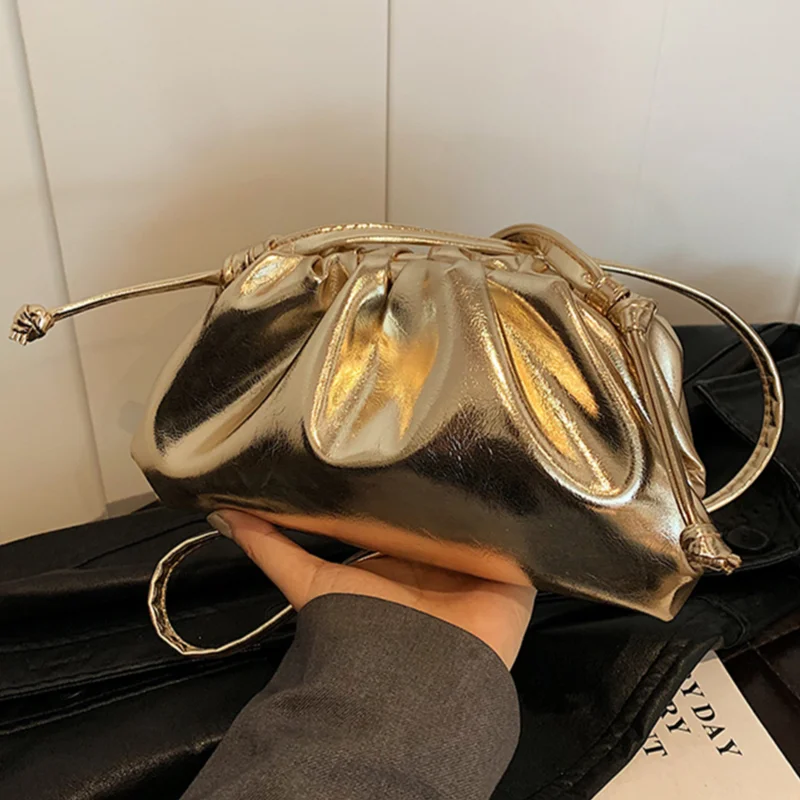 Small Luxury Design Women\'s Soft PU Leather Gold Silver Cloud Hobo Bag Elegant Dressy Handbag Ruched Dumpling Party Clutch Purse