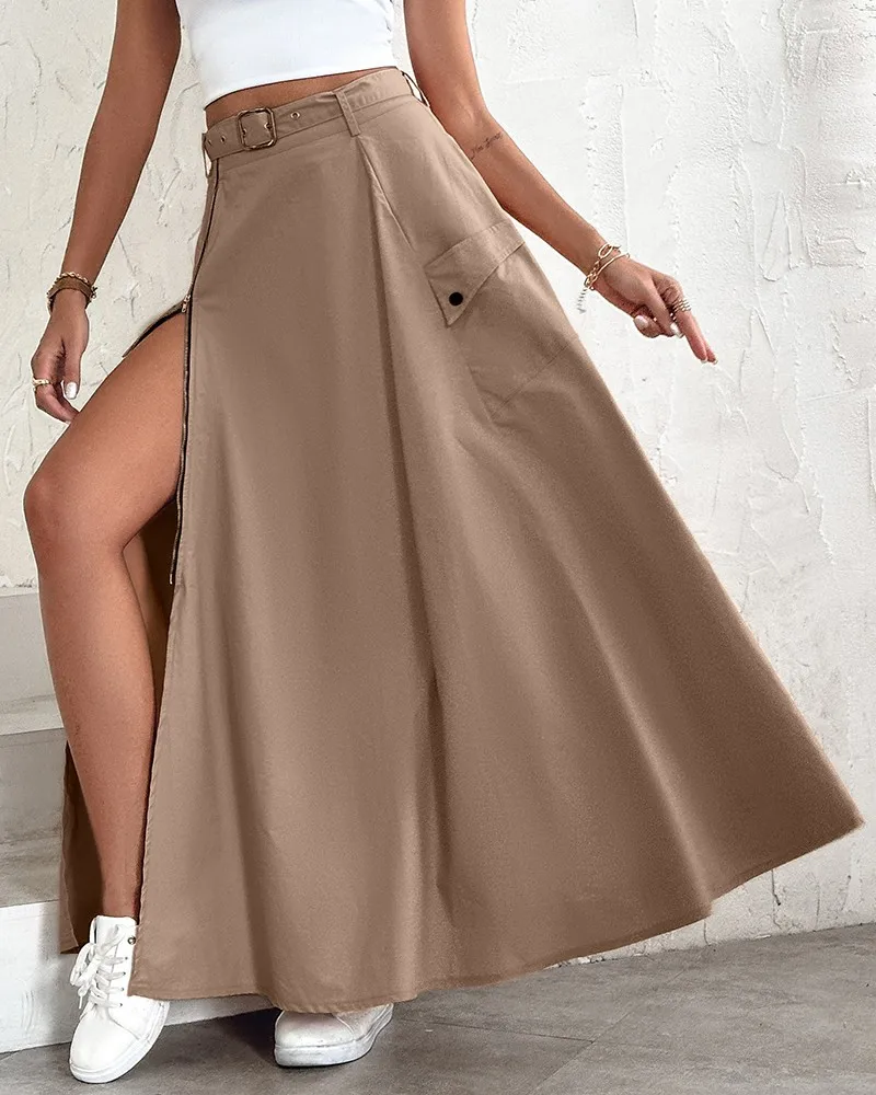 Summer New Women Elegant Waist Belt Zipper High Slit Maxi A-line Skirt