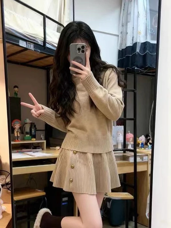

Sle Autumn Winter Knitted Sweater And Skirt Set Women's Faion f-length Sve Warm Round-ne Outfit