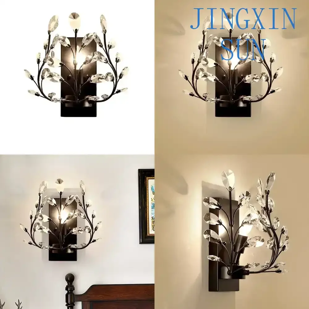 American Country Single-Headed Wall Lamp for Living Room Bedroom Bedside Decorative Retro Wrought Iron Candle Style Crystal