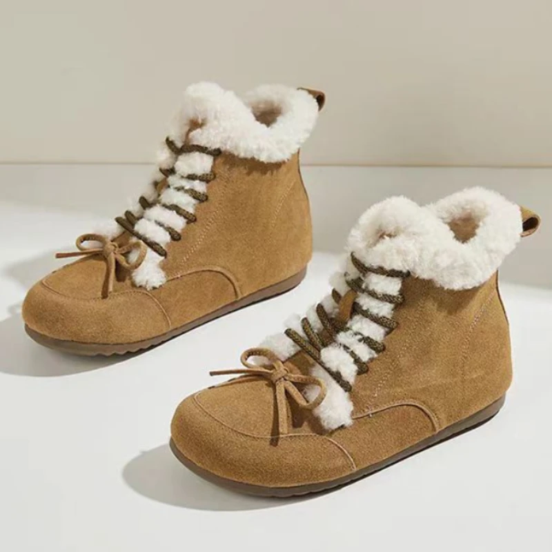 

Bow Women Ankle Snow Boots Flats Suede Fur Shoes Short Plush Warm Sneakers 2025 Winter Woman Casual Lace Up Sport Botas Mujer