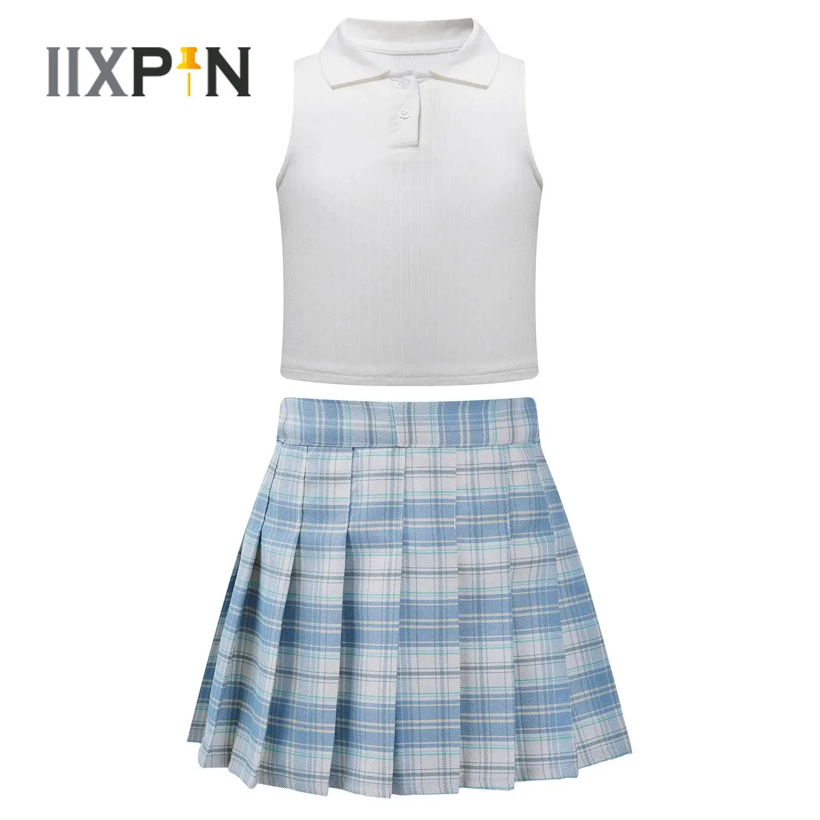 New Kids Girls Golf Tennis Sports Outfit Sleeveless T-shirt Tank Top Vest+Pleated Skirt Sets Badminton Cheerleader Dance Clothes