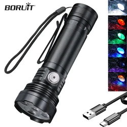 BORUiT Powerful LED Flashlight 5-Color Light Source 18650 Battery Type-C Rechargeable Torch Camping Fishing Lantern UV Light