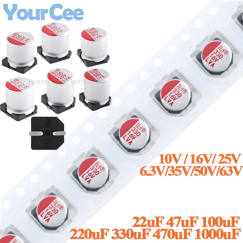 10pcs/2pcs SMD Solid-state Aluminum Electrolytic Capacitor 20% 63V/50V/35V/25V/16V/10V/6.3V 1000uF/470uF/220uF/100uF Capacitance