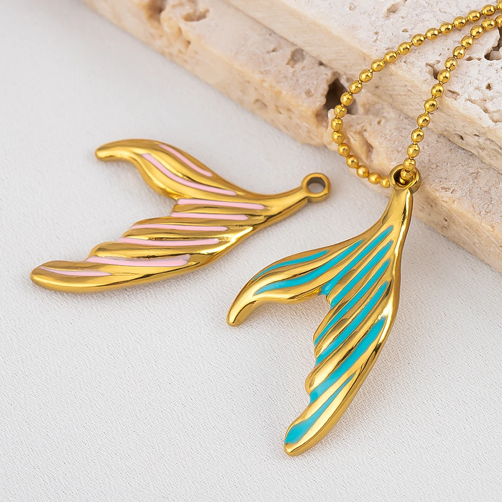 2pcs 304 Stainless Steel Enamel Fish Tail Pendant Mermaid Tail Charm DIY Trend Necklace Earring Jewelry Making Keychain Supplies