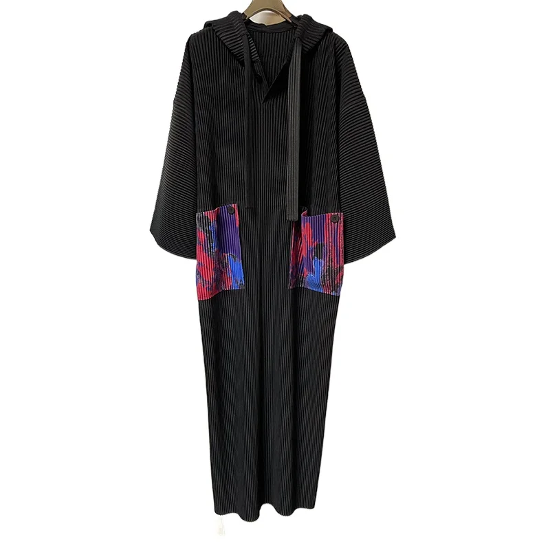 

Miyake Pleated Large Size Hoodie Dress Jacket Skirt Printed Pocket Fashion Design Casual Long Skirt Sweatshirt Pocket Skirt