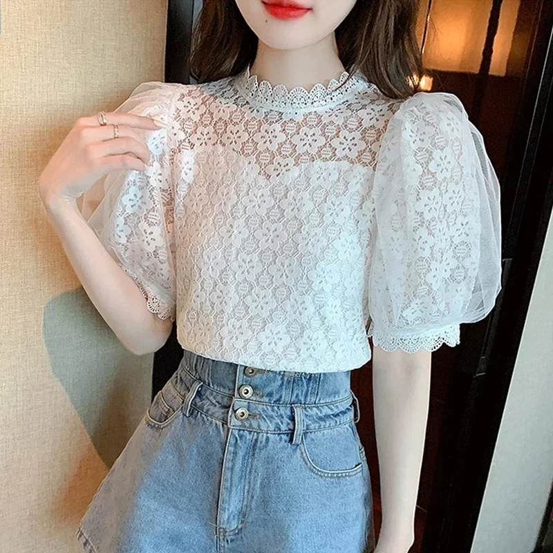 Summer Hollow Out Short Puff Sleeve White Blouse Sweet Lace Shirt Fashion Elegant Stand Collar Tops