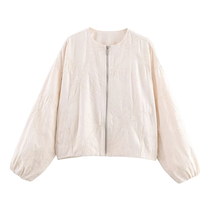 

2025 женская куртка с длинным рукавом и круглым вырезом с вышивкой спереди на молнии, повседневное свободное осеннее короткое пальто