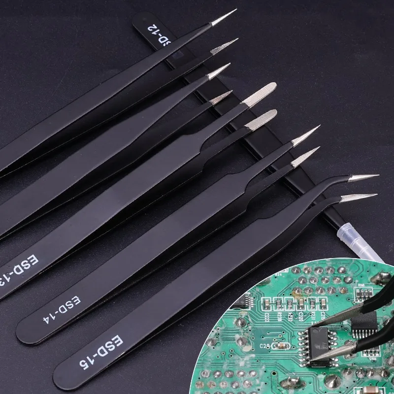 1/6Pcs Anti-static ESD Stainless Steel Tweezers Maintenance Tool Industrial Precision Curved Tweezers Repair Tools Set