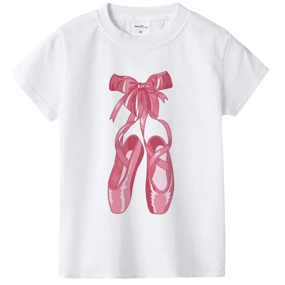 Kids O-Neck White Short Sleeve Tee Elegant Pink Pointe Ballet Shoes Bow Ribbon Art Print  Casual Dance Practice Everyday T Shirt