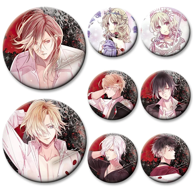 Round Display Pins Anime Diabolik Lovers Badge Sakamaki Shu Ririe Komori Yui Sakamaki Reiji Sakamaki Ayato Cartoon Brooches