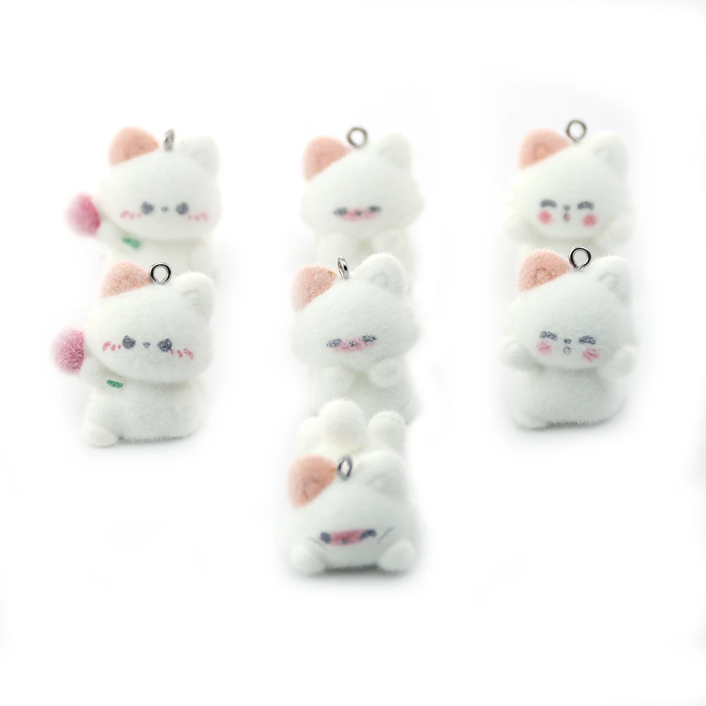20pcs 3D Flocking Resin Cat Charms Animals Plush Dolls Pendants for Necklace Earrings DIY Making Jewelry Accessories Wholesale