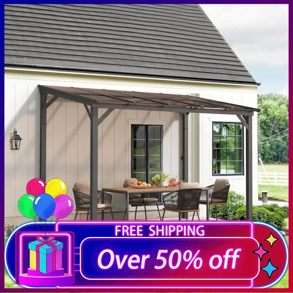 

8' X 10' Hardtop Gazebo, Lean to Pergola Gazebos with Metal Frame,Patio Pavilion with Roof, Outdoor Wall Mount Gazebo for Garden