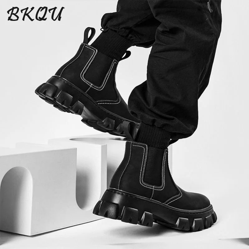 

BKQU Chelsea Boots Men's Trendy British Style Fall 2025 High Top Thick Soled Warm Keeping Insulated Footwear with Padding