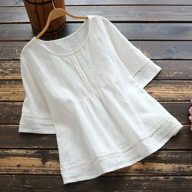 

New Women's Elegant Cotton and Hemp Shirt Solid Color Casual Round Neck Hollow Half Sleeve Splicing Fashion Women's Top