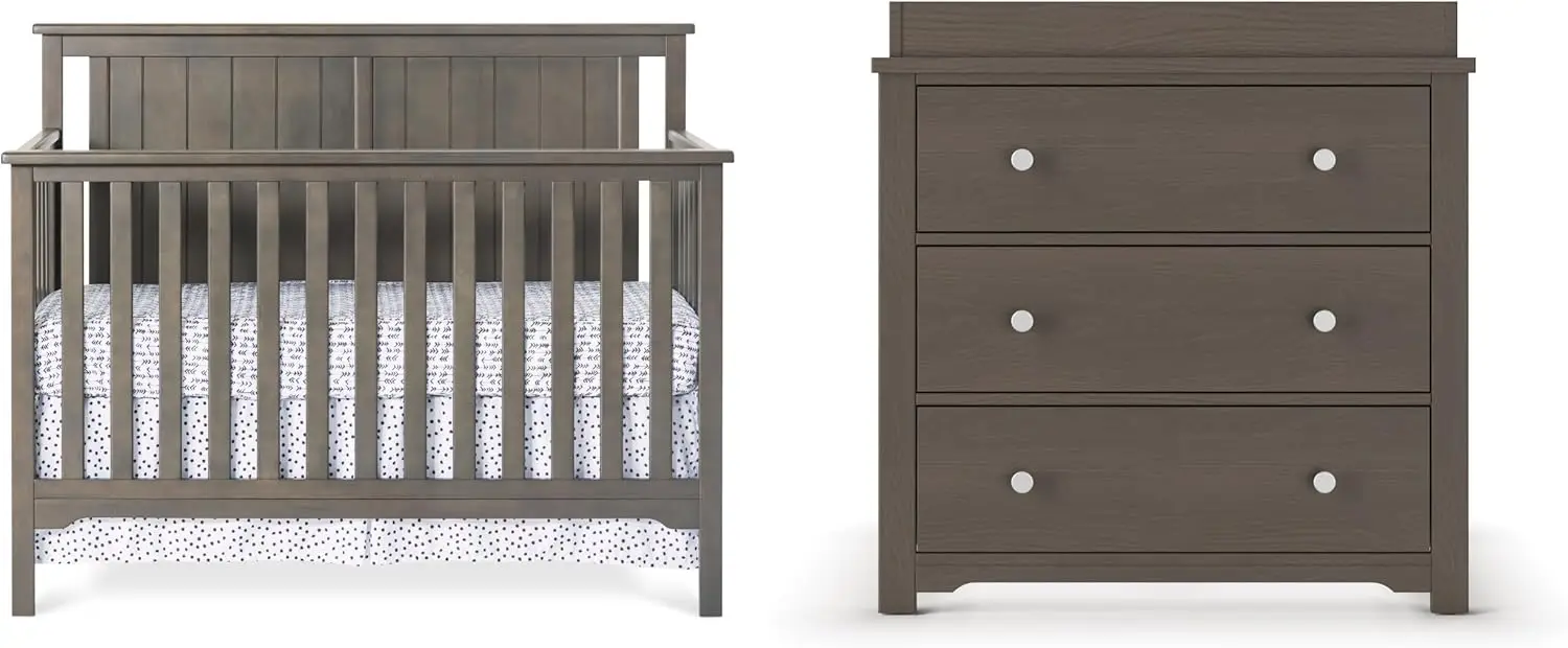 Cottage Flat Top Crib, Dresser and Topper Nursery Set, 3-Piece, Includes 4-in-1 Convertible Crib, Dresser and Toppe