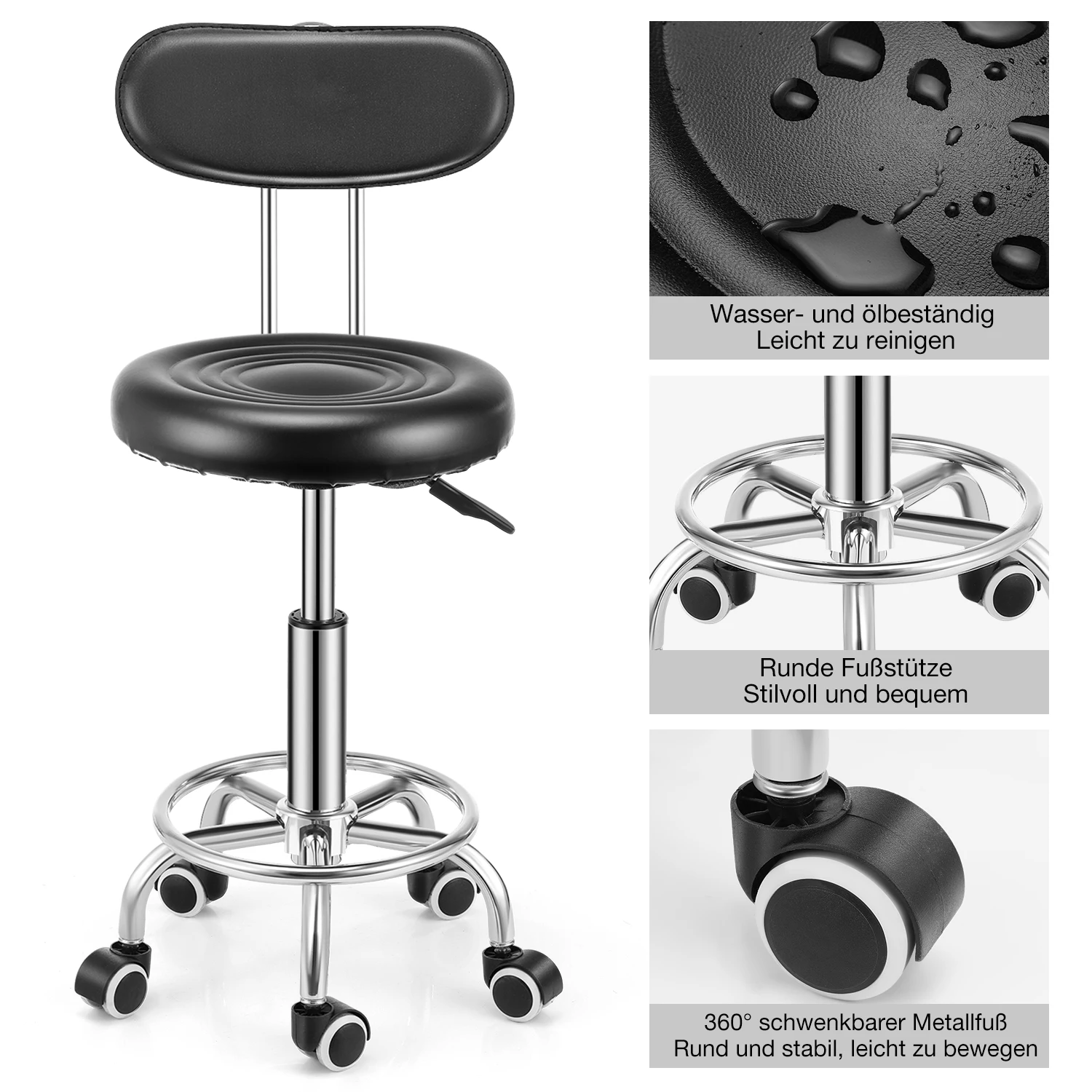Rollhocker Drehstuhl Bürostuhl, höhenverstellbar, Drehhocker mit niedriger Rückenlehne und Fußstütze, aus PU Leder Schwarz