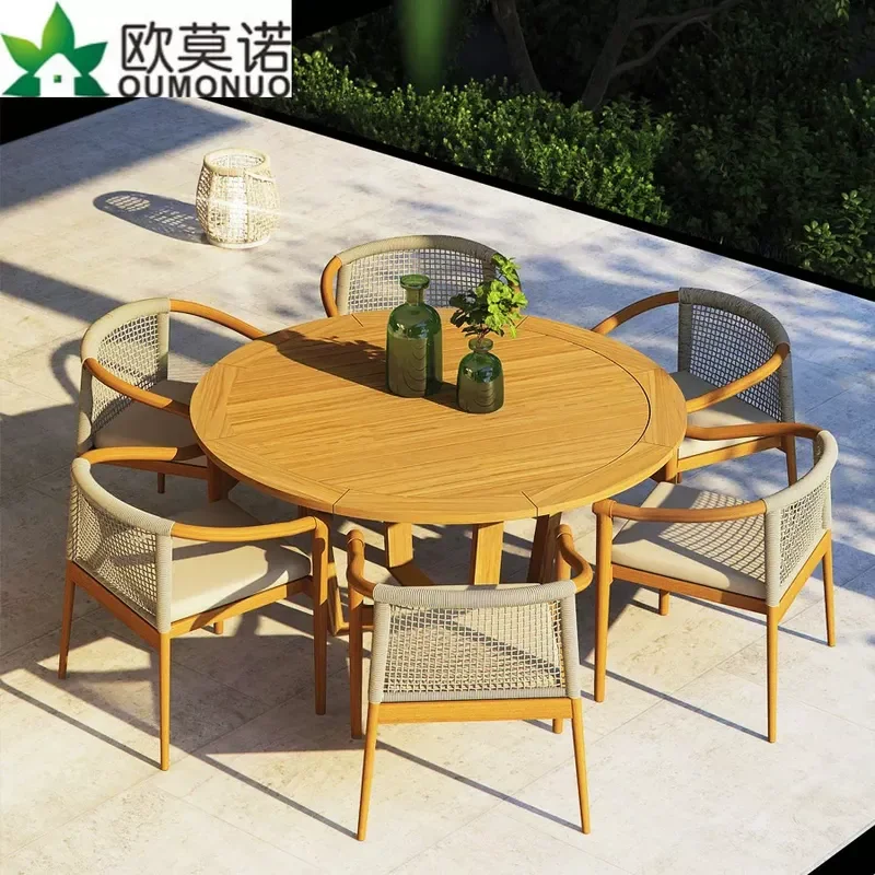 Solid Wood Outdoor Table and Chairs Set Teak Long Dining Table for Courtyard Villa Yard B&B Hotel Terrace Leisure Furniture