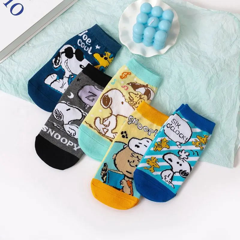 

5 пар комплектов носков Snoopy, женские хлопковые низкие носки из полиэстера, дышащие повседневные хлопковые короткие носки в японском стиле