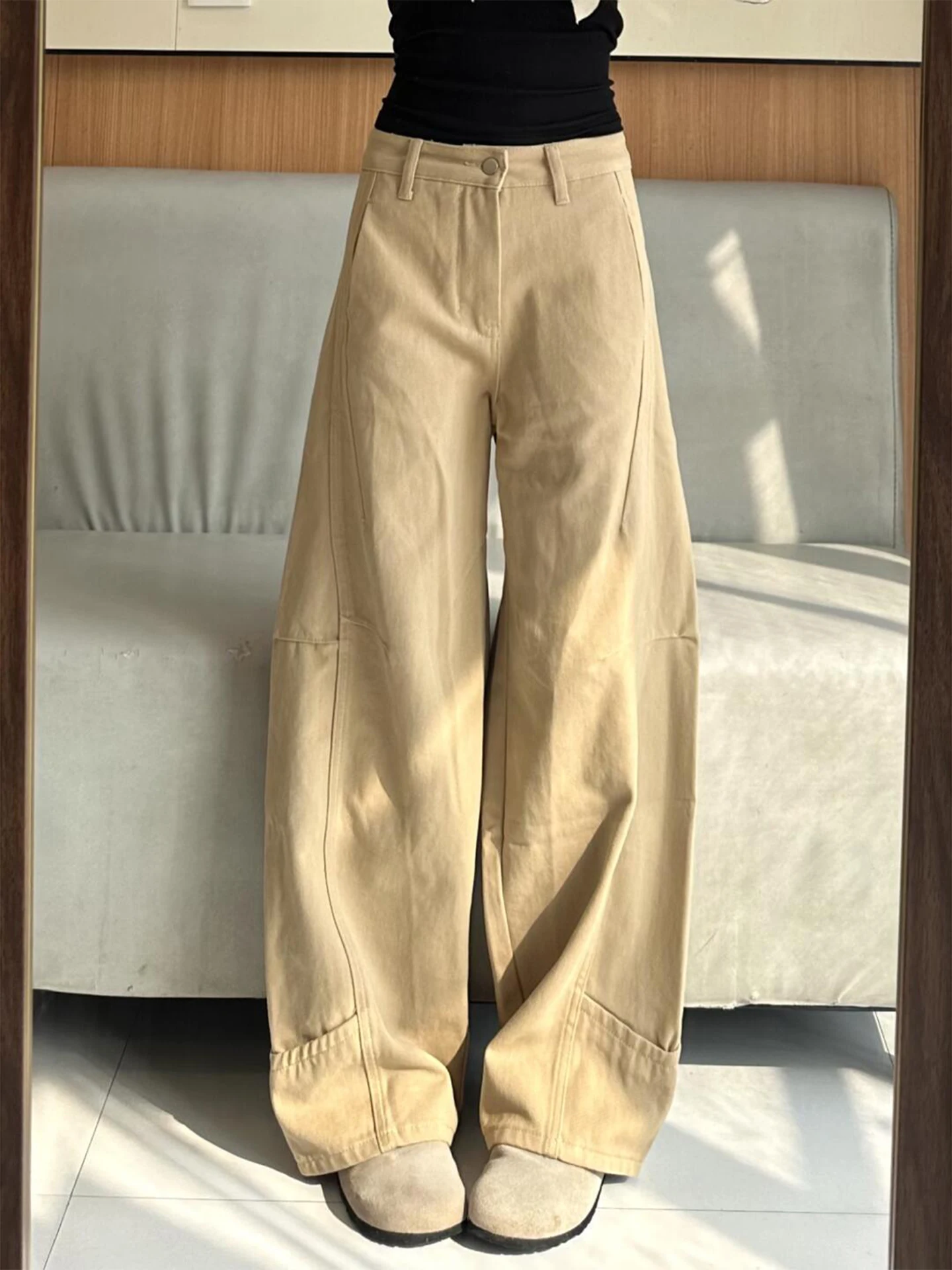 

Khaki Deconstructed Patchwork Men's Autumn High Waist Wide Leg Workwear Jeans Cleanfit Knife Casual Pants