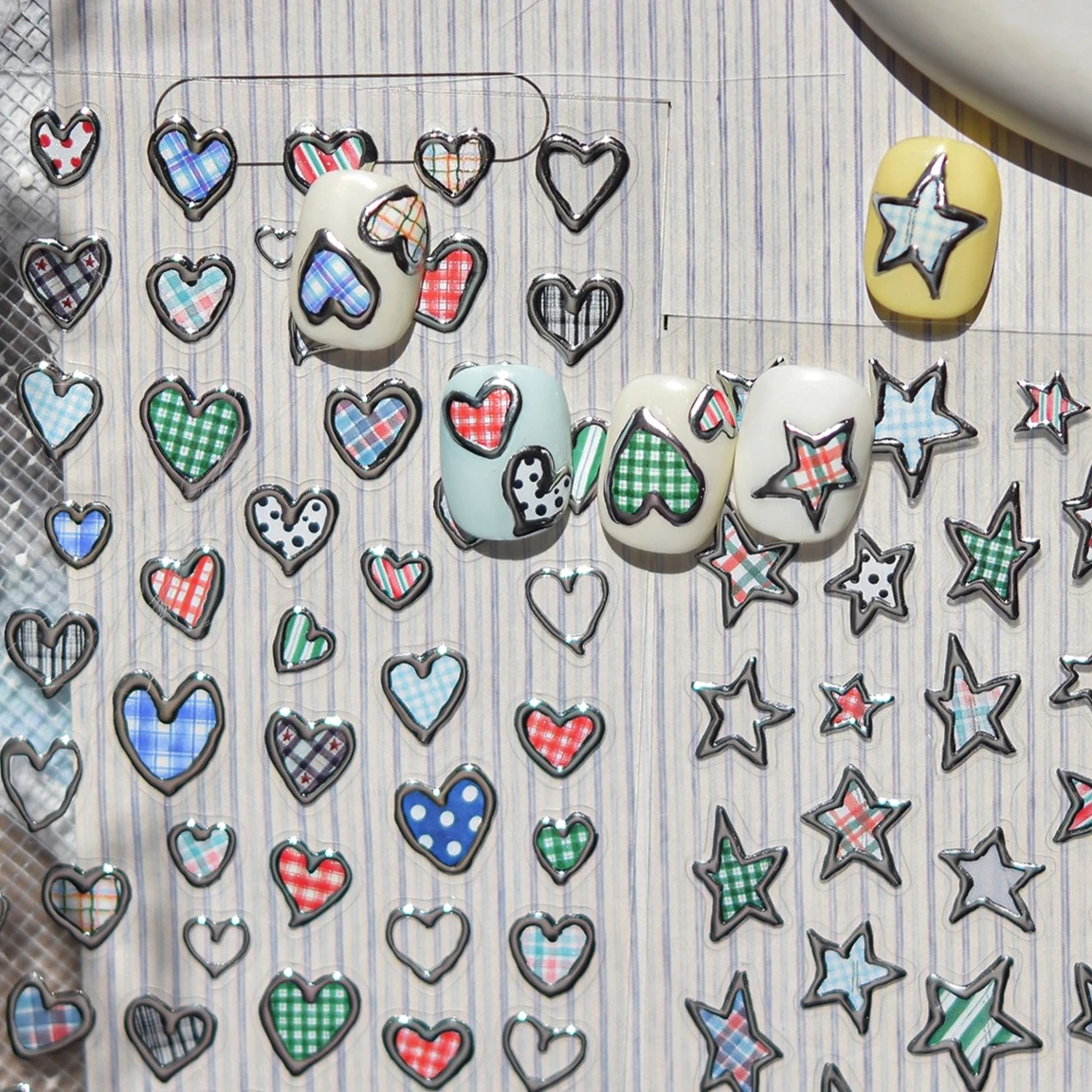 

Metal Silver Border Grid Pentagram Love Heart Star Chain Punk Block Irregular Lines Clock Y2K Colorful Nail Art Stickers Decals