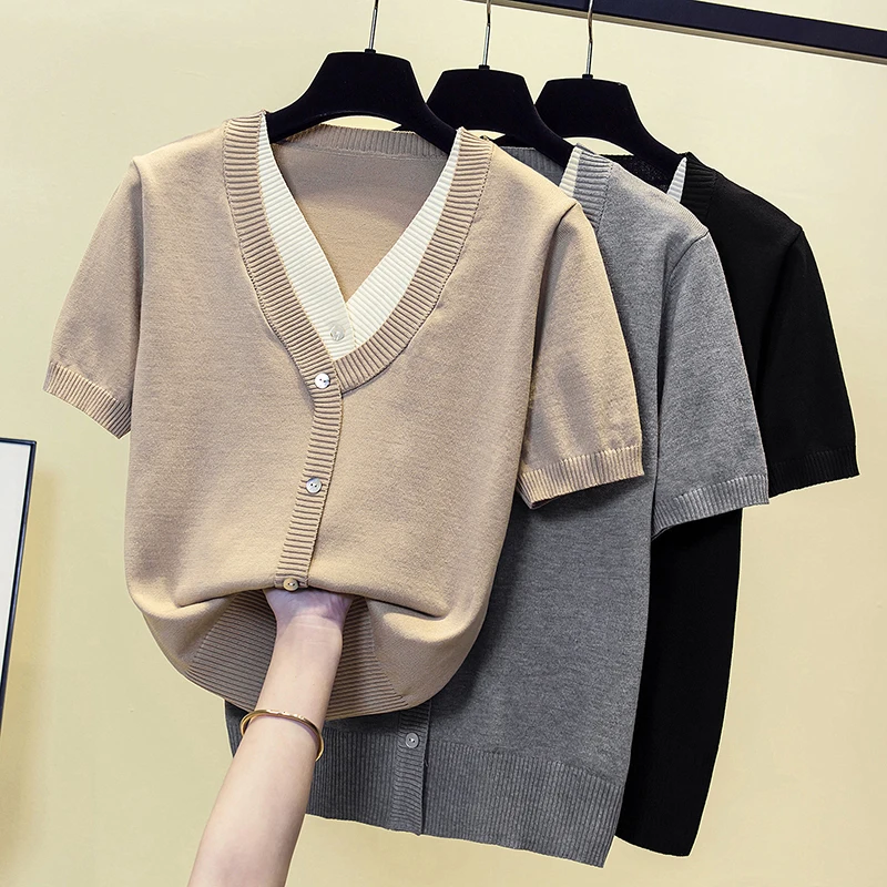 Big Size Women Sweater Summer Pullover 2023 Short Sleeve V Neck Button Fake Two Patchwork Kintting T-shirt Casual Thin Sweaters