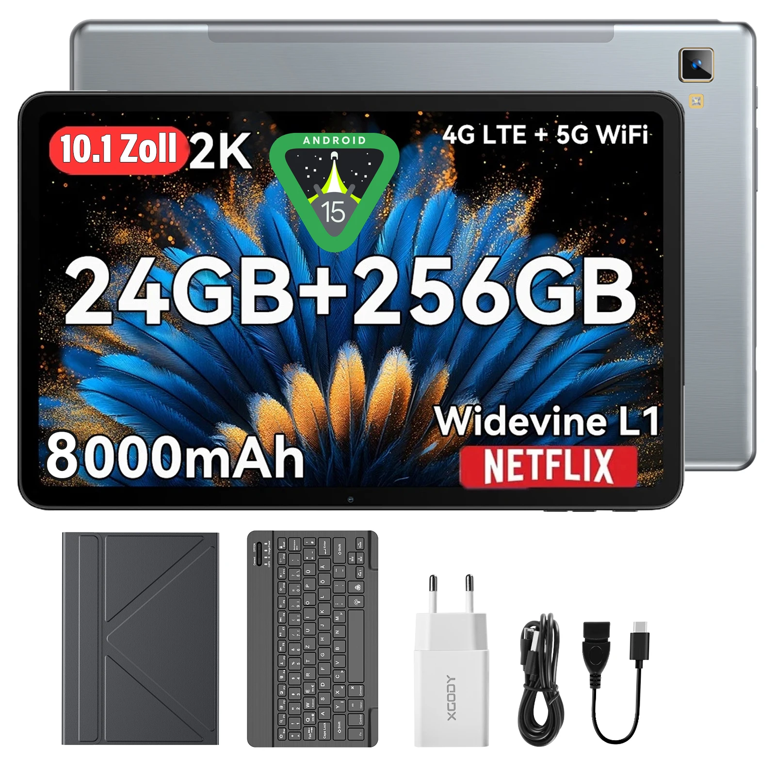 XGODY Il più recente tablet P60 PRO Android 15 24 GB (8 + 16) + 256 GB Octa core Dual SIM 4G LTE Custodia/caricatore per tastiera gratuita da 10,1 pollici 8000 mAh