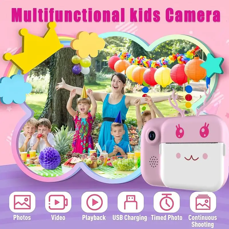 Fotocamera con stampa istantanea dal design simpatico cervo, fotocamera digitale HD 1080P ricaricabile tramite USB con carta da stampa, regalo di compleanno per bambini