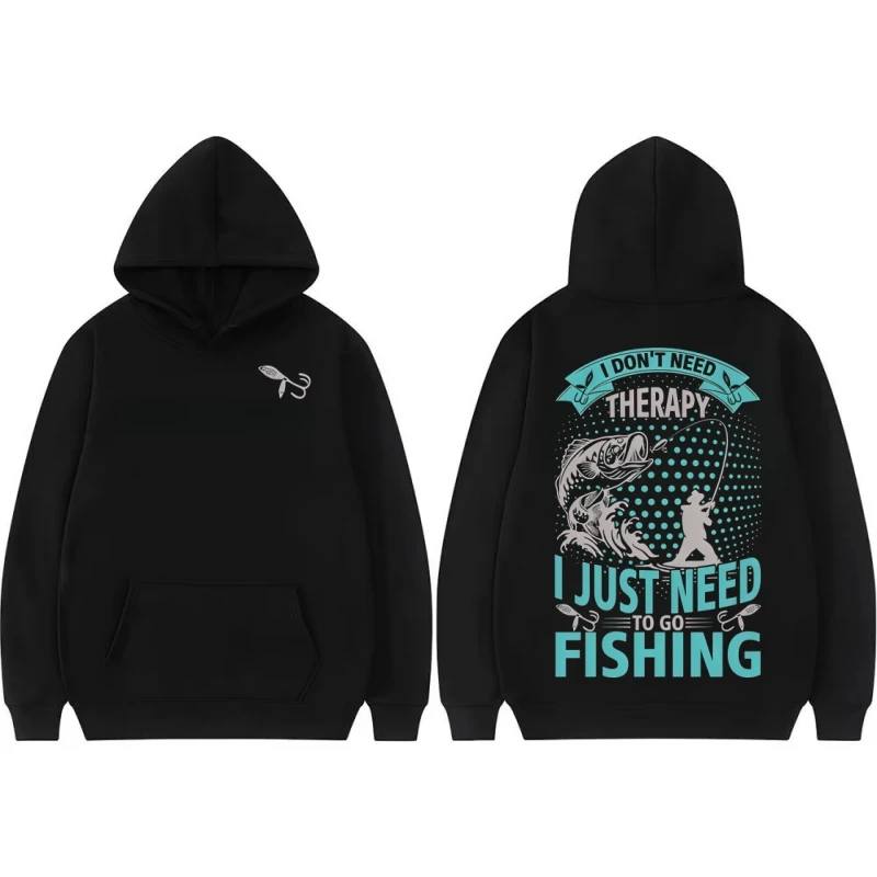 メンズフィッシングフーディー、秋冬フリースプルオーバー、「治療は必要ない、釣りに行くだけ」グラフィックフード付きスウェットシャツ