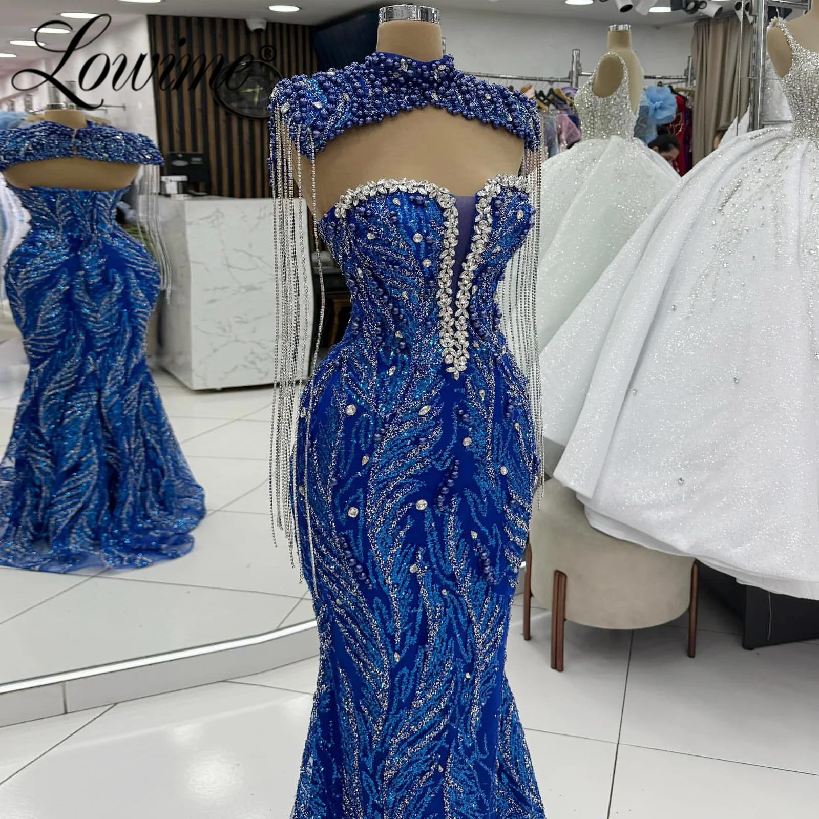 Robe de soirée bleue élégante, avec pompons en cristal, robes de bal arabes personnalisées, robe de soirée sirène perlée pour Robes de mariage, 2026