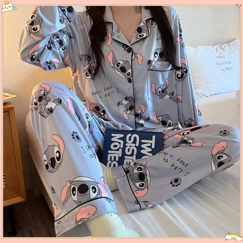 

Cartoon Stitch Pajamas Set For Women Spring Long-Sleeved Pyjamas Cute Anime Casual Comfortable Loungewear For Students Home/Dorm